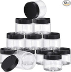 SATINIOR 12 Pack 2 oz Plastic Container Jars with Lids Round Clear Travel Cosmetic Container Slime Jars for Toiletries, Lotion, Cream, Ointments, Makeup, Rhinestone, Samples, Kitchen Storage(Black)