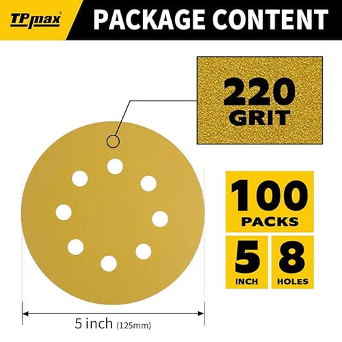 100PCS 5 Inch 220 Grit 125mm 8 Hole Sanding Discs Sandpaper - Premium Gold Round Hook and Loop for Random Orbital Sander - Ideal for Wood, Metal, Automotive