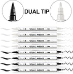 TRANSON 4 Black and 4 White Paint Markers Brush and Fine Dual-tip Acrylic Paint Marker Set for Rock Painting Glass Canvas Wood Leather Ceramic Painting