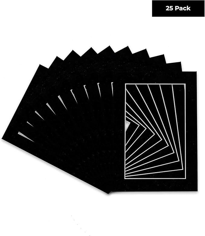 Pack of 25 Acid Free 8x10 Mats Bevel Cut for 5.5x8.5 Photos - Black Suede Precut Matboards For Pictures, Photos, Framing - 4-ply Thickness
