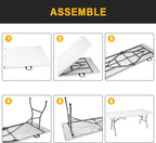 70.8" W X 29" D X 29" H - 6 ft Folding Table White Portable Heavy Duty Plastic Fold-in-Half Utility Foldable Table for Camp，Picnic & Party