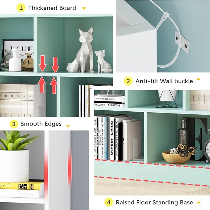 IOTXY Open Shelf Low Bookcase - Wooden 3-Tier Floor Standing Display Cabinet Organizer with Base, 8 Cubes Short Horizontal Bookshelf in Pear Yellow