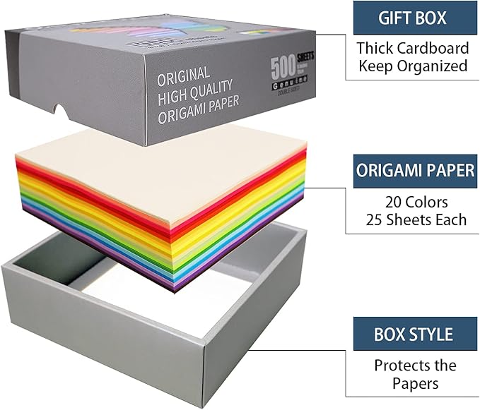 Origami Paper 500 Sheets, 20 Vivid Colors, Double Sided Colors Make Colorful and Easy Origami,6 Inch Square Sheet, for Kids & Adults, Papers, Arts and Crafts Projects (E-book included)