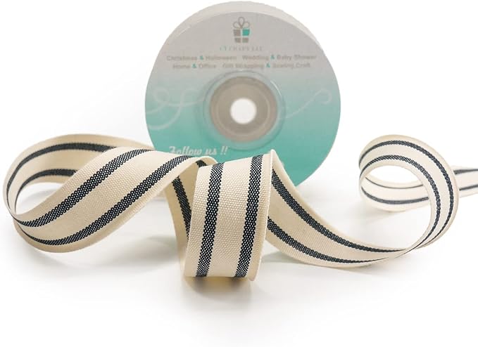 CT CRAFT LLC Ivory Cotton Black Stripes Ribbon 1" x 10 Yards for Home Décor Gift Present Wrapping DIY Crafts Birthday Wedding Bouquet Christmas
