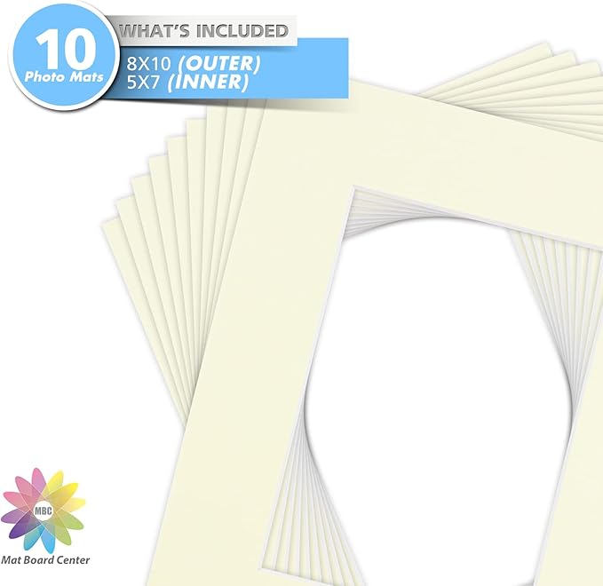 Mat Board Center, Pack of 10, 8x10 for 5x7 Ivory Color Mats - Bevel Cut, Acid Free, 4-ply Thickness, White Core - for Pictures, Photos, Framing
