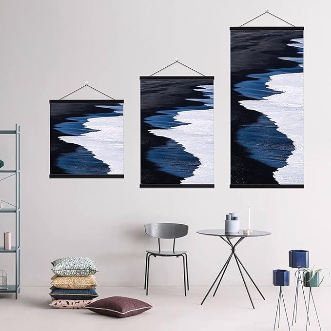 Ywlake Magnetic Poster Hanger, Poster Frame Wood Wooden Magnet Print Posters Dowel Scroll Hanger Hangers Hanging Kit for Walls Map Canvas Artwork (Black, 55"/140cm)