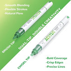 Guangna 12 Green Dual Tip Acrylic Paint Markers, Brush Tip & Chisel Tip Acrylic Paint Pens for Rock, Wood, Glass, Paper, Coloring Book, Ceramic, Canvas, Water-Based Ink
