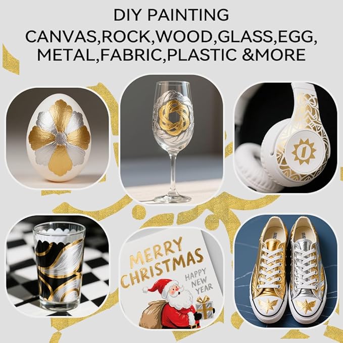 TRANSON 2 Gold, 2 Silver, 2 Black and 2 White Paint Markers Brush and Bold Dual-tip Acrylic Paint Marker Set for Rock Painting Glass Canvas Wood Leather Ceramic Painting
