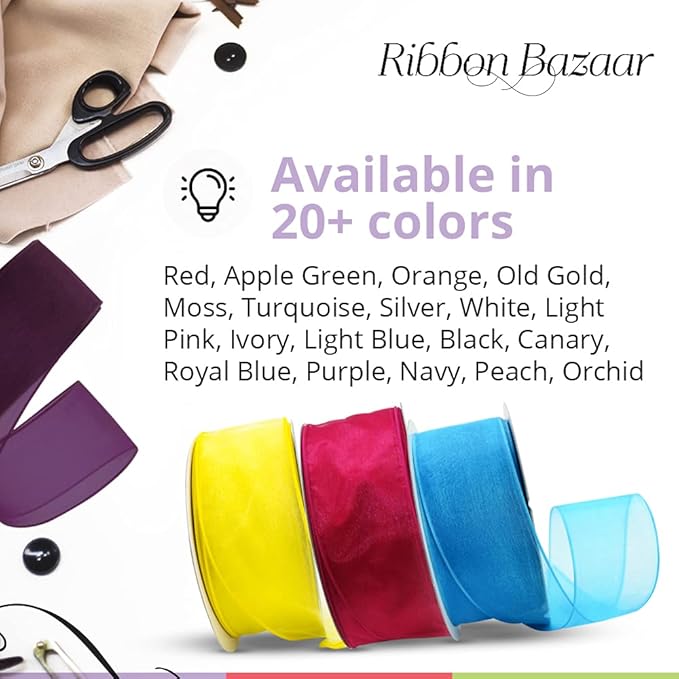 Ribbon Bazaar Sheer Organza Wired Ribbon - 100% Polyester Wire Edged Ribbon for Floral Decor, Table Arrangements, Apparel Embellishment & More - 1-1/2" Black 25yd