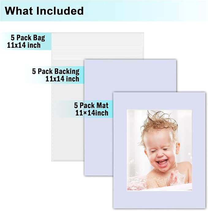 Egofine Pack of 5 White Pre-Cut Mat Board 11x14 Picture Mat for 8x10 Photo with White Core Bevel Cut Mattes Sets. Includes 5 High Premier Acid Free Mats & 5 Backing Board & 5 Clear Bags