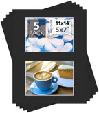 Mat Board Center, Pack of 5, Photo Picture Mats - Acid Free, 4-ply Thickness, White Core - for Pictures, Photos, Framing (11x14 for 2-5x7 Black)