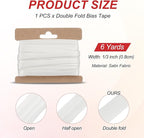 MECCANIXITY Double Fold Bias Tape for Sewing 1/3 Inch x 6 Yards Satin Pre-fold Continuous Binding Tape for Seaming Quilting Hemming Binding DIY Crafts, White