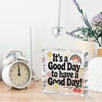 Positive Desk Decor Acrylic Sign 4X4 Inch, Rainbow Cherry Flower Desk Decorative Signs for Shelf Tabletop Cubicle Room Office, Inspirational Gifts for Women Men Friends, Have a Good Day
