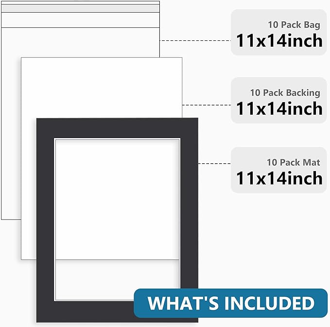 Somime 10 Pack Black Picture Frame 11x14 Mat Board,White Core Bevel Cut Mats 8.5x11, Whole Frame Mat Kit Includes 10 Picture Photo Mattes & 10 Backings & 10 Krystal Sleeve Bags