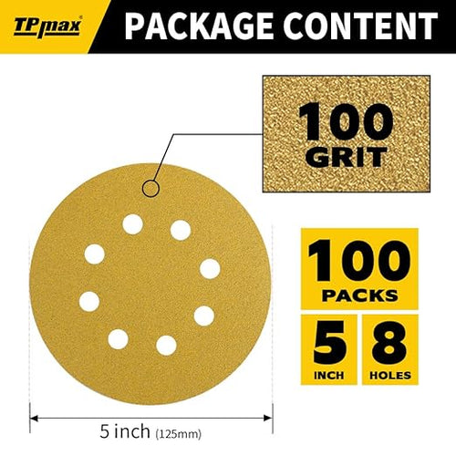 100PCS 5 Inch 100 Grit 125mm 8 Hole Sanding Discs Sandpaper - Premium Gold Round Hook and Loop for Random Orbital Sander - Ideal for Wood, Metal, Automotive
