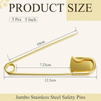 Juexica 5 Pcs 5 Inch Jumbo Stainless Steel Safety Pins Large Heavy Duty Huge Strong Laundry Pins for Upholstery Sewing Quilting Key Rings Craft Outdoor (Gold)