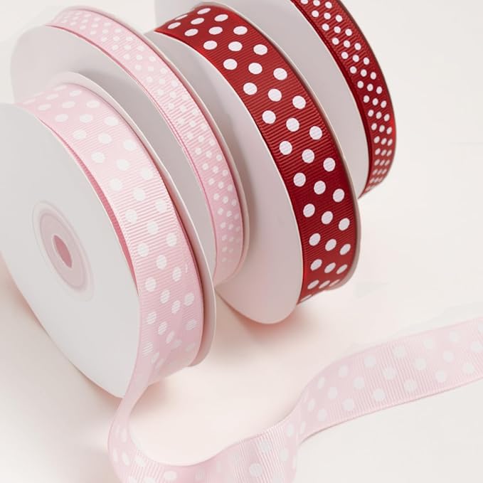 Polka Dot Grosgrain Ribbon 3/8 Inch, 25 Yards Spool Pink and White Dot Craft Ribbon for Christmas Gift Wrapping DIY Crafts Hair Bows Wedding Party Decor Sewing and Home Decoration