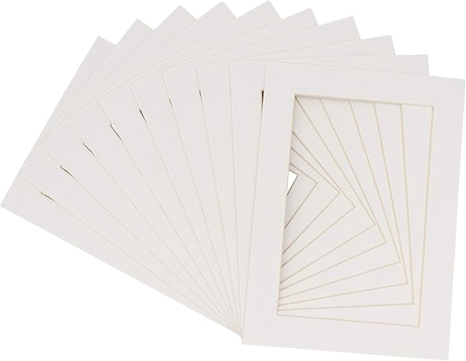 Pack of Ten Acid Free 8.5x11 Mats Bevel Cut for 7x9 Photos - Textured White Precut Matboards with Backing Boards and Self Seal Photo Mat Bags for Pictures, Photos, Framing - 4-ply Thickness