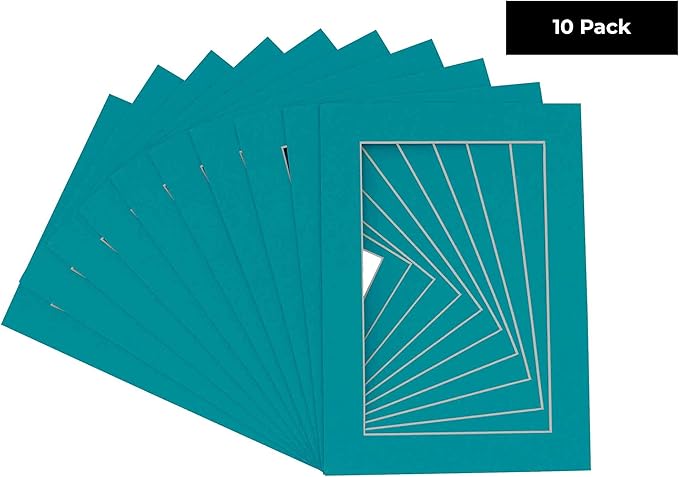 6x8 Mat for 8x10 Frame - Precut Mat Board Acid-Free Show Kit with Backing Board, and Clear Bags Teal Blue 6x8 Photo Matte Made to Fit a 8x10 Picture Frame Matboard for Framing, Pack of 10 Mats
