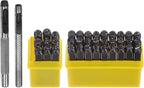 HARFINGTON 36pcs Metal Stamping Kit 3/16" (5mm) (A-Z, 0-8, "&" Symbol) Steel Letter Punch Press Tool with Hole Punch to Stamp on Metal, Plastic, Wood, Leather, Black