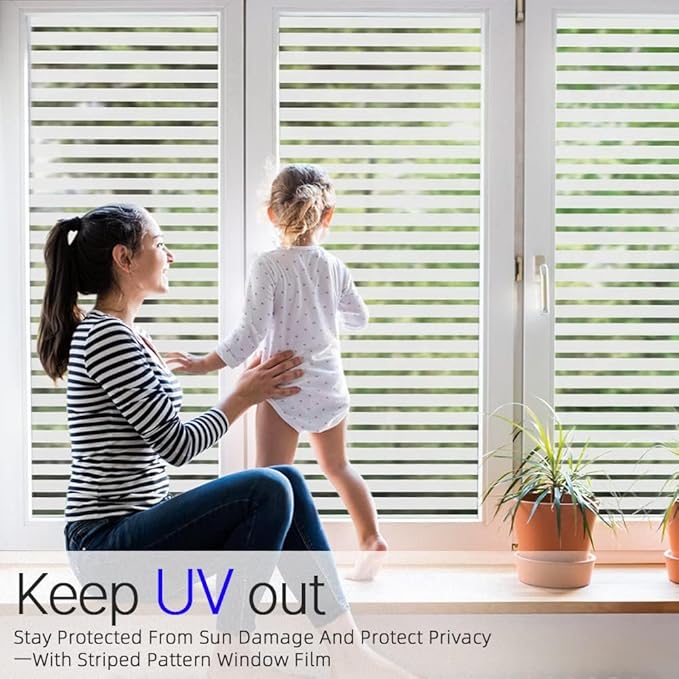 Qualsen Privacy Window Film, Frosted Windows Privacy Film, Frosting Cling for Glass, Anti-UV Reeded Blinds Sticker for Home Office Meeting Room, Stripe Patterns, 11.8x47inch