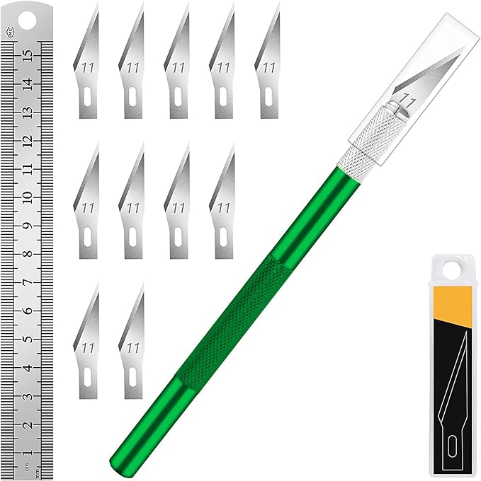 DIYSELF 1 Pcs Exacto Knife with 11 Pcs SK5 High Carbon Steel Exacto Blades Kit, Precision Craft Hobby Art Knife and 1pcs Steel 15cm Ruler for Fondant, Scrapbooking, Stencil (Green)
