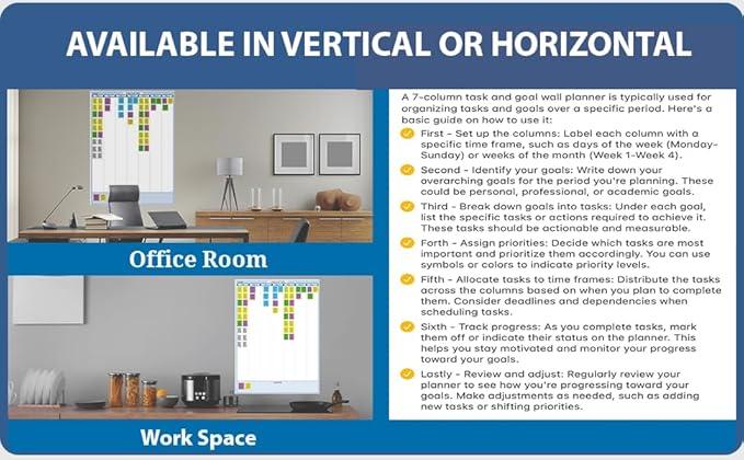 Sky Blue 7-Column Task, Goals & Objective Wall Vertical Organizer 24" x 19". Complete with Marker