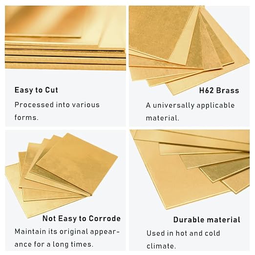 18 Gauge Brass Sheet，H62 Brass Plates Metal 0.039" Thickness x 5.9" Width x 5.9" Lenght, for Models, Crafts, Repairs, Electrical, 2Pcs