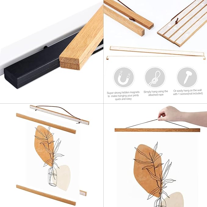 Ywlake Magnetic Poster Hanger, 8x10 8x20 8x11 Poster Frame Wood Wooden Magnet Print Posters Dowel Scroll Hanger Hangers Hanging Kit for Walls Map Canvas Artwork (Teak Wood, 8")