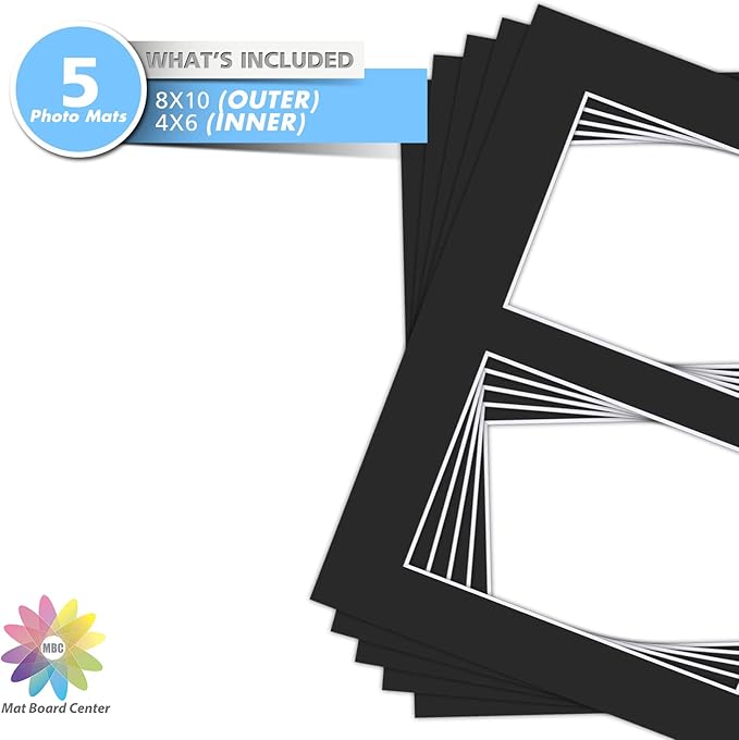 Mat Board Center, Pack of 5, Photo Picture Mats - Acid Free, 4-ply Thickness, White Core - for Pictures, Photos, Framing (8x10 for 2-4x6 White)