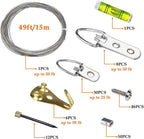 SDTC Tech Picture Wire Hanging Kit Supports Up to 40lbs with D-Rings, Wall Hanging Hooks, 50ft Stainless Steel Wire Rope, Level, Aluminum Crimping Loop Sleeve & Screws for Painting Photo Mirror Frame