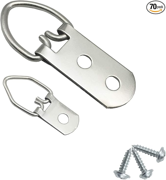 70 Pack D-Ring Steel Picture Hangers Heavy Duty with Screws Picture Frames Double Holes Clasp Picture Hang Solutions, for Hanging Clock Paintings Artwork Picture Frame Hook Photos Mirrors