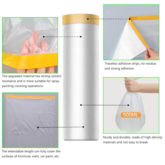 Pre-Taped Masking Film-22inx65ft Tape and Drape Painters Plastic Rolls, Plastic Painting Film for Automotive Painting Covering,Protective Drop Film for Furniture, Car, Floor (4rolls, 22in×65ft)