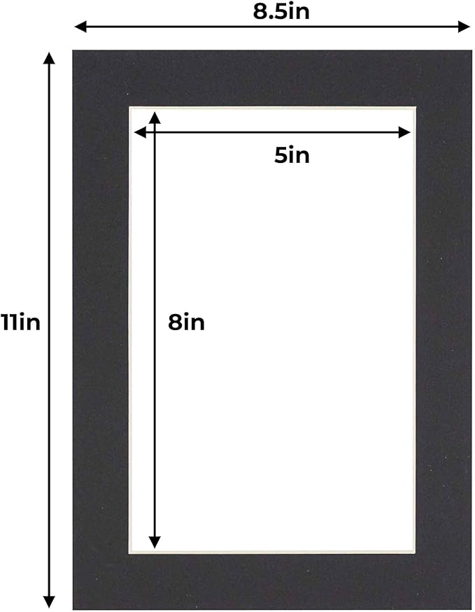 5.5x8.5 Mat for 8.5x11 Frame - Precut Mat Board Acid-Free Show Kit with Backing Board, and Clear Bags Black 5.5x8.5 Photo Matte Made to Fit a 8.5x11 Picture Frame Matboard for Framing, Pack of 10 Mats
