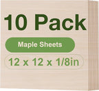 10 Pack Maple Plywood Sheets, 12 x 12 x 1/8 Inch, 3mm Plywood for Laser Cutting, Thin Unfinished Wood Sheets for Architectural Models, Wood Burning and DIY Wood Crafts