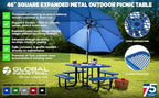 Global Industrial 46" Square Picnic Table, Expanded Metal, Blue Thermoplastic Coating, Attached Benches, 1-1/2” Umbrella Pole Hole, Outdoor-Rated, 1000 lb Capacity