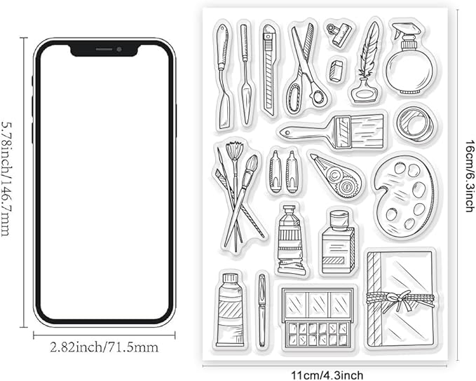 Painting Tools Clear Stamp for Scrapbooking Paint Brush Silicone Clear Stamp Pen Spatula Palette Rubber Transparent Seal Stamps for DIY Handbook Card Making Photo Album Journal Decoration