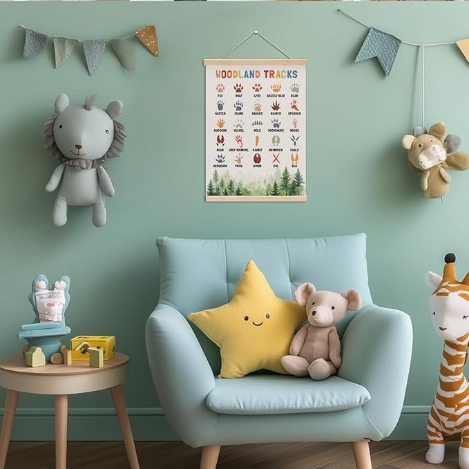 Boho Animal Woodland Tracks Poster Hanger, Forest Jungle Animals Nursery Decor Wall Decor, Paw Print Educational Posters Country Wall Art Wall Hanging Banner Farmhouse Home Playroom Baby Room Decor