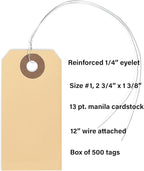 String Tags with Wire Attached- #1, 2 3/4” x 1 3/8”, Box of 500 Blank Shipping Tags with Wire and Reinforced Hole, Wired Labeling Tags
