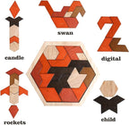 Skrtuan Wooden Puzzle Hexagon Tangram Puzzle for Kids Adults Brain Teasers Puzzles Game Challenge Toy Shape Pattern Block Tangram Family Portable Montessori Educational Gift for Kids Boys Girls