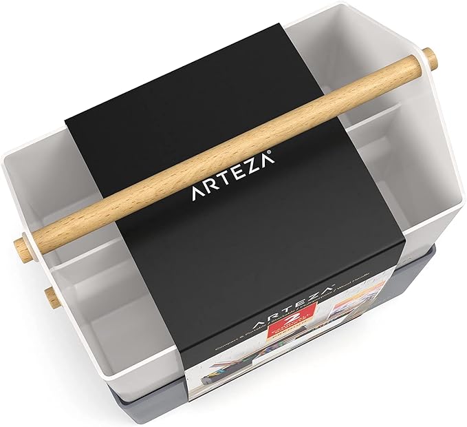 ARTEZA Plastic Portable Craft Storage Organizer, Pack of 2, Gray and Ivory, 3-Sectioned Plastic Basket with Handle, Caddy Organizer