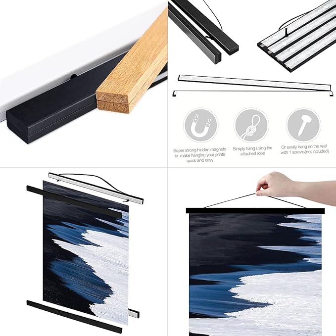 Ywlake Magnetic Poster Hanger, Poster Frame Wood Wooden Magnet Print Posters Dowel Scroll Hanger Hangers Hanging Kit for Walls Map Canvas Artwork (Black, 55"/140cm)