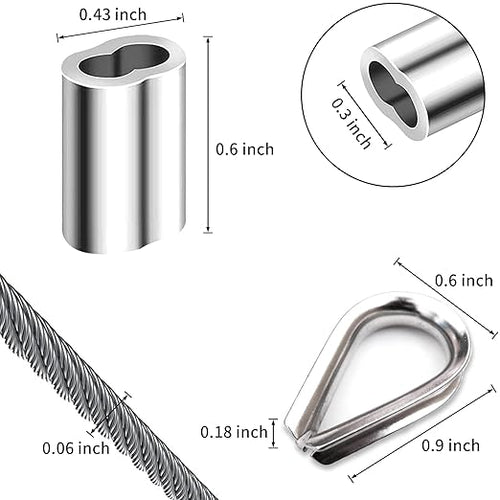 1/8 inch Wire Rope Kit, Haploon 33ft Wire Cable Rope Stainless Steel Cable Railing kit, 50 Pcs Aluminum Crimp Sleeves and 12 Pcs Thimble for Decking,Railing,DIY Outdoor Shades, Picture Hanging