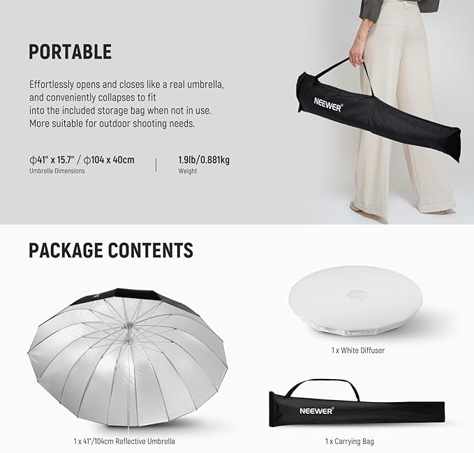 NEEWER 41"/104cm Parabolic Reflective Umbrella Photography with Silver Inner, Soft Lighting with Diffuser Cover, Bag, Quick Fold for Camera Photo Studio Video Light Shooting Monolight Flash, NS1U