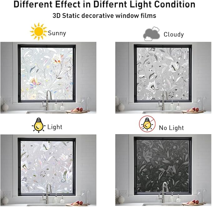 NINETREX Window Privacy Film,3D Stained Glass Window Film,Decorative Window Covering Sun Blocking Vinyl Static Cling Anti-UV Heat Control for Home Decor,Tulip 23.6 x 157.4inch