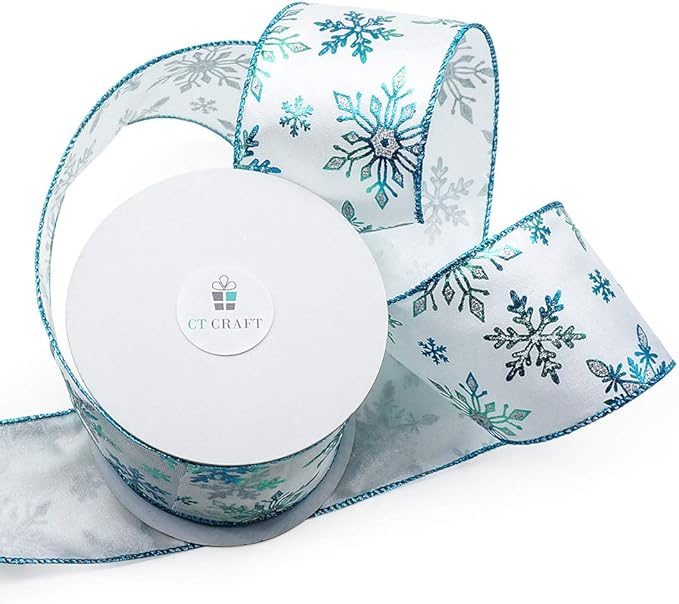 CT CRAFT LLC Satin with Blue Snowflake Wired Ribbon 2.5 Inch x 10 Yards for Christmas Home Decor Tree Topper Bow Gift Wrapping DIY Crafts Wreath Garland