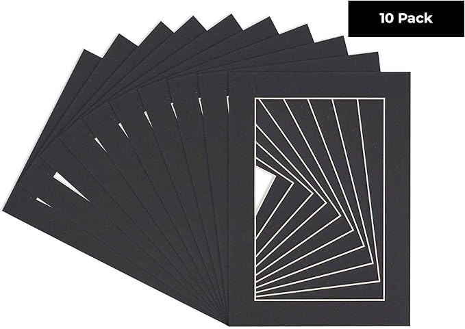 Pack of Ten 8.5x11 Mats Bevel Cut for 7x9 Photos - Acid Free Black Precut Matboards for Pictures, Photos, Framing - 4-ply Thickness