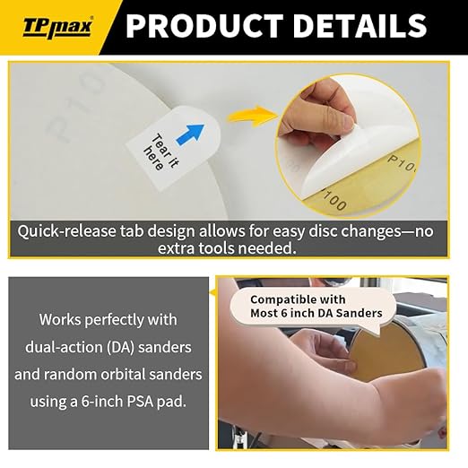 6-Inch 800-Grit Gold PSA Sanding Discs, 50 Pack – Pro-Grade Self-Adhesive Stickyback Sandpaper with Quick-Release Tabs for DA Sander, Ultra-Smooth Automotive/Wood/Metal Sanding