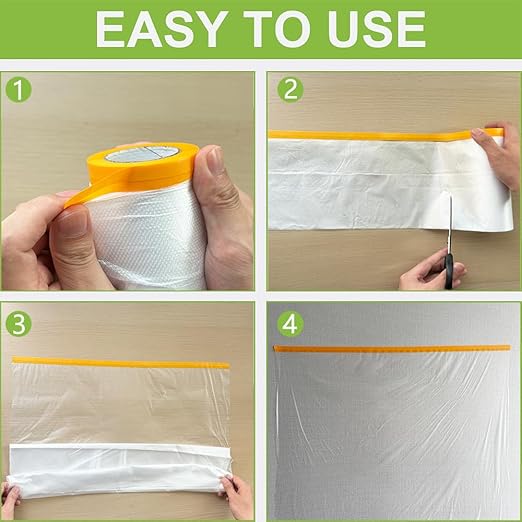 Pre-Taped Masking Film-70inx65ft Tape and Drape Painters Plastic Rolls, Plastic Painting Film for Automotive Painting Covering,Protective Drop Film for Furniture, Car, Floor (2rolls, 70in×65ft)