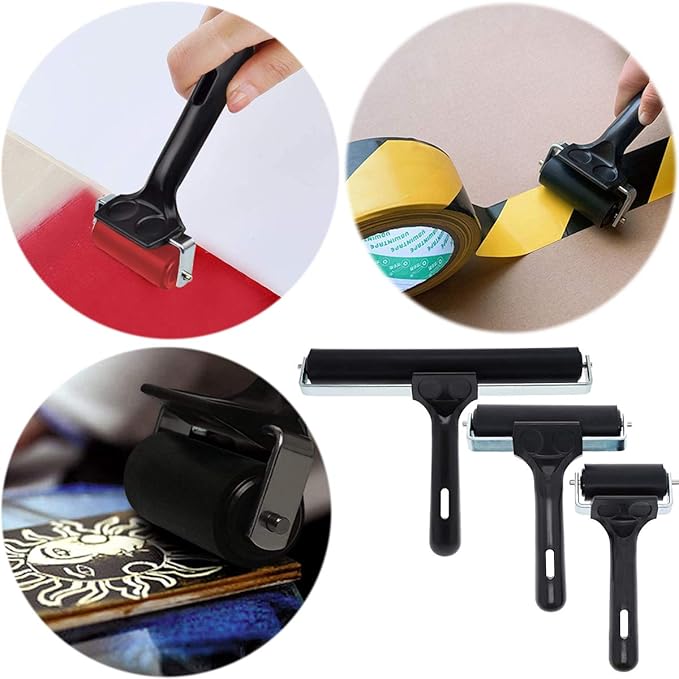3 Pack Printmaking Brayers - Premium Brayer Rollers for Crafting, Hard Rubber Roller Brayers, Vinyl Roller Ink Paint Brush for Wallpapers Stamping Gluing Application (2.4’’, 4’’, 7.9’’) (Black)